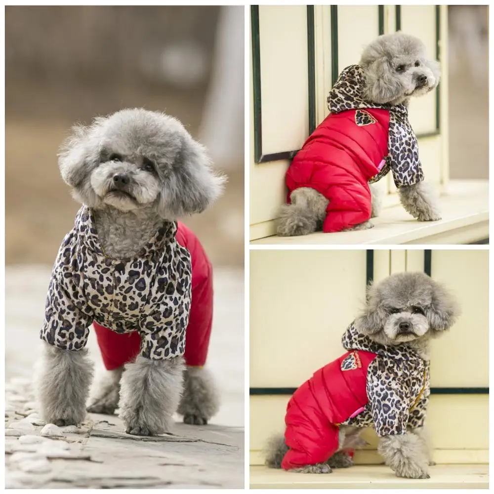 Red Leopard Теплая зимняя одежда для собак, комбинезон для собаки, меховые толстовки, одежда для домашних животных, одежда для кошек с отверстием для поводка - Цвет: Red Leopard