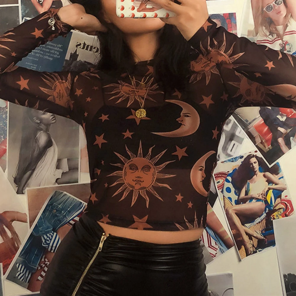 Женская прозрачная Сетчатая футболка с длинным рукавом и круглым