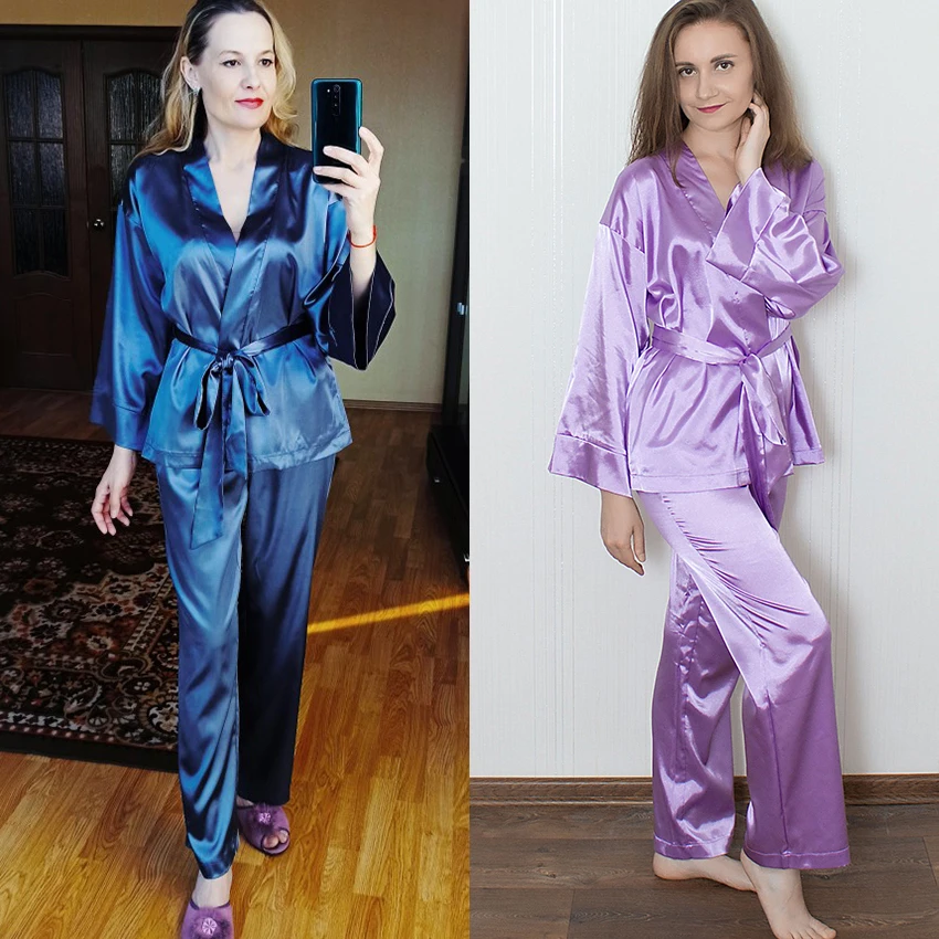 Women Robes With Sashes 2 Piece Set Wrist Sleep Tops Satin Pants Loose Pajamas Casual Sleepwear Female Home Suits