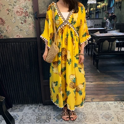 Boho шикарное женское Хлопковое платье с принтом ананаса и кисточками, Пляжное богемное платье макси, женское платье happie с v-образным вырезом, Vestidos - Цвет: yellow