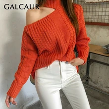 GALCAUR Вязание женский с открытыми плечами свитер с высоким воротником с длинным рукавом безразмерная корейские пуловеры для женщин осень мода