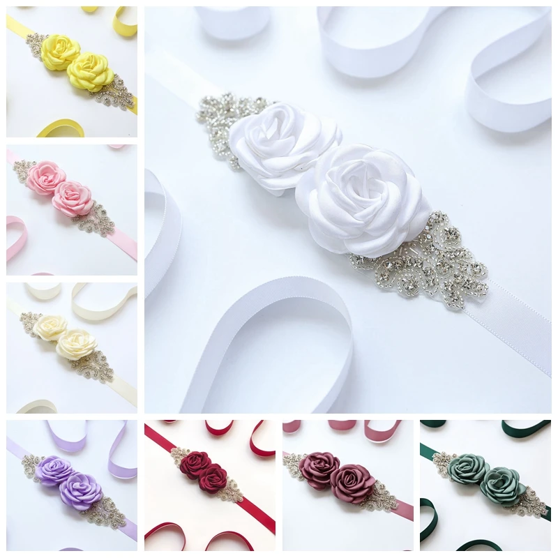 

Solid Color Roast Floral Maternity Sash Handmade Flower Rhinestone Belts Adjustable Waistband Wedding Decoration Birthday Gifts