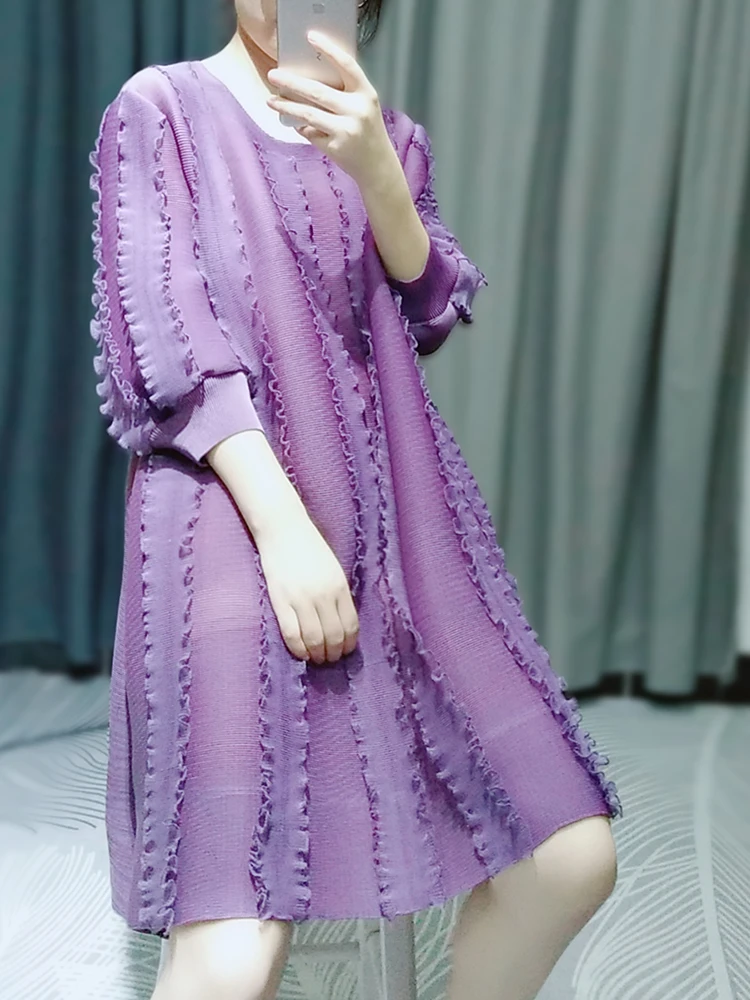 Горячая Miyake модное складное Новое Стильное прямое платье доступно с круглым вырезом из трех четвертей