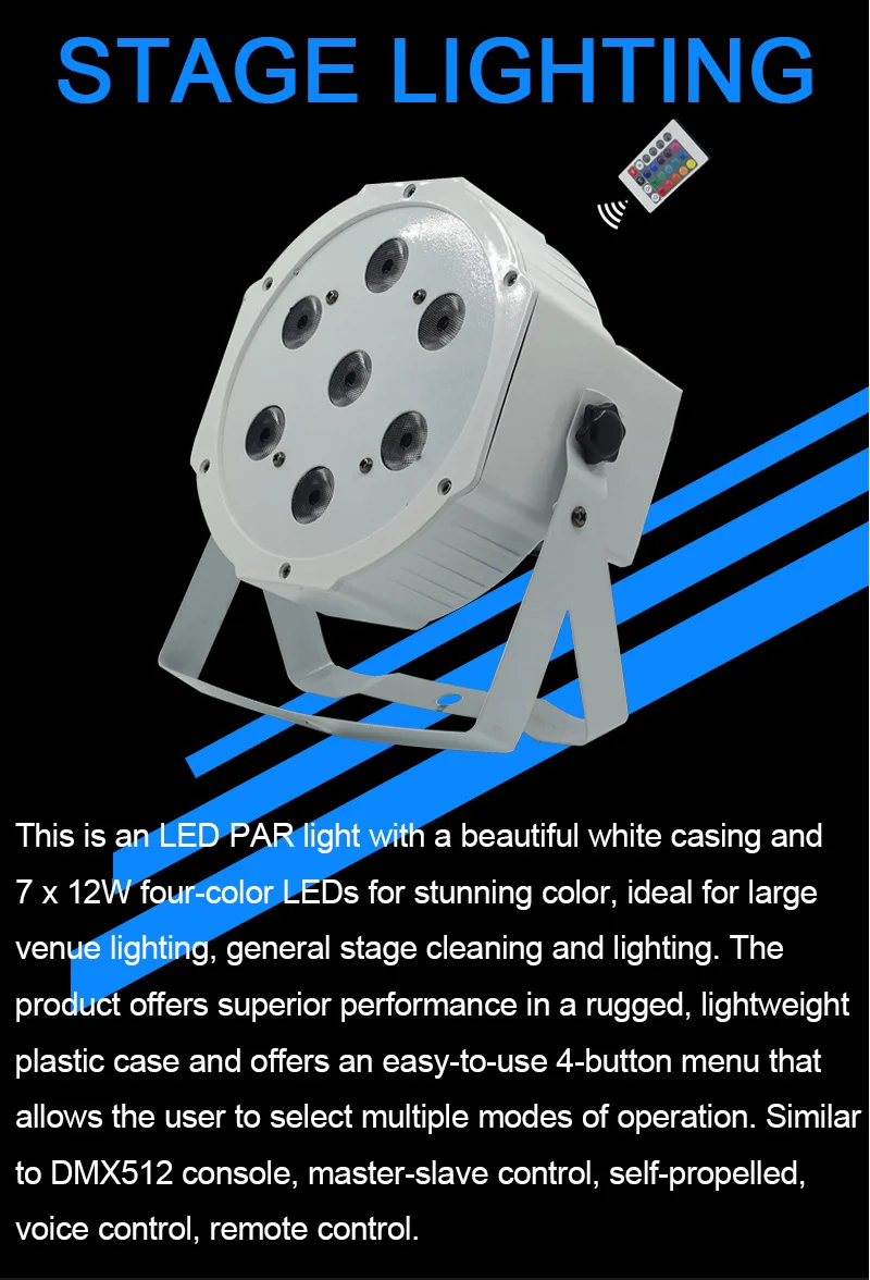 12pcs/lots White remote control par light 7x12W led light RGBW 4in1 flat led dmx512 disco professional stage dj equipment