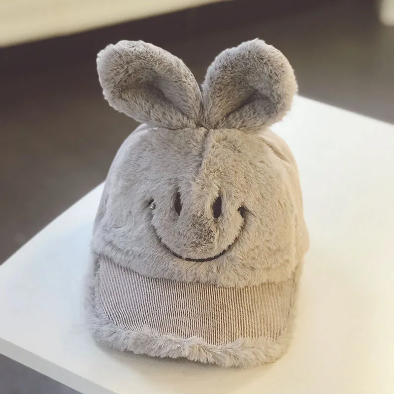 Baby baseball cap for boys and girls autumn and winter tide warm Korean version cute rabbit ears lamb down cap - Цвет: Серый