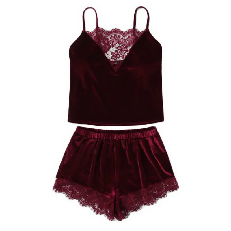 

Fashion Women 2pcs Velvet Sleepwear Sexy Lace Spaghetti Strap Velvet Shorts Pajama Set Ladies Sleepwear female Pajama Party Set