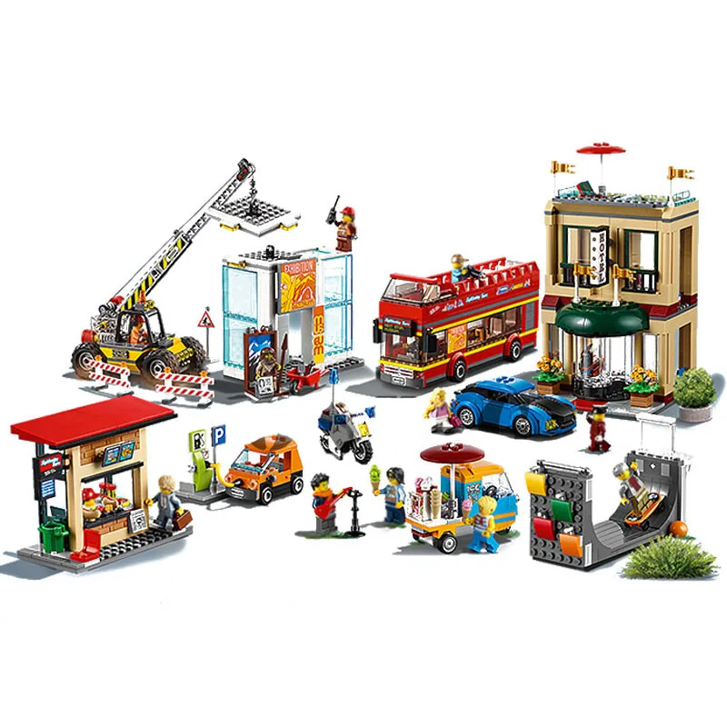 

1356pcs Capital City Central Square Bus Car Convenience Store House Model Building Blocks Children Toys Christmas