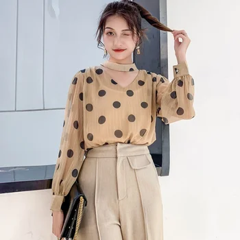 

Women Shirts Blouse 2020 Spring Female Blouse Polka Dot Chiffon Shirt V-neck Women Lantern Sleeve Shirt Top Blusa Feminina