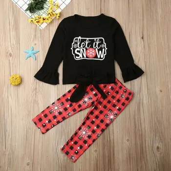 通販 新2019クリスマスキッズベビーガール服トップスフレア長袖tシャツチェック柄パンツレギンスクリスマス衣装服セット