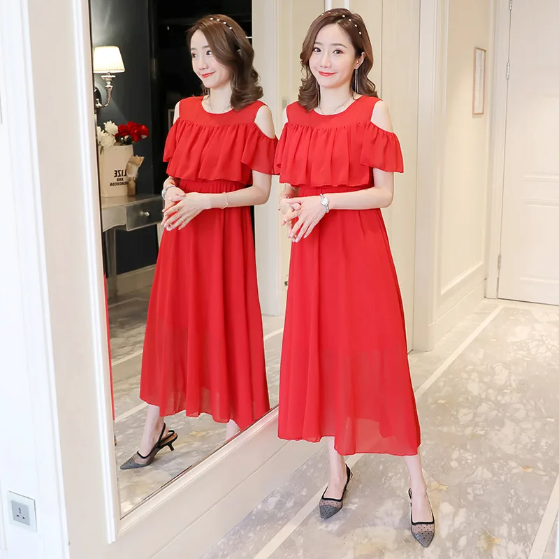 

2019 New Style Pregnant Women Summer Fashion Tops Large Size Chiffon Mid-length off-Shoulder High-waisted Freaky Dress