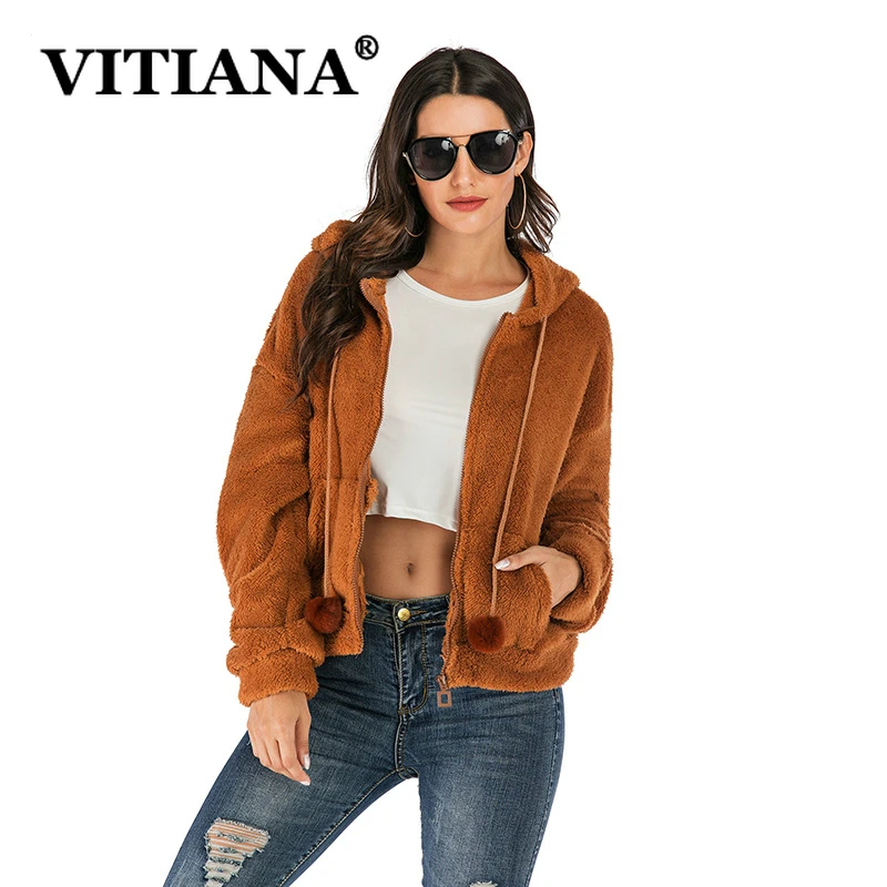 VITIANA, женское повседневное короткое пальто из искусственного меха, осень, женская элегантная шапка на молнии, теплая мягкая плюшевая верхняя одежда, Женское зимнее пальто, куртка