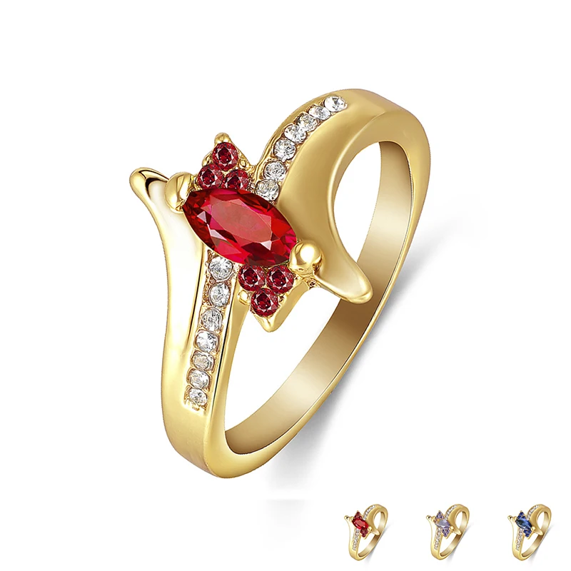 Модные уникальные золотистого цвета кольцо элегантное с красным кристаллом