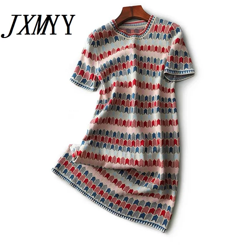 Temperament Round Neck Ice Silk Knitted Dress Female 2021 Spring And Summer New Color Matching Striped T-Shirt Skirt Trend JXMYY