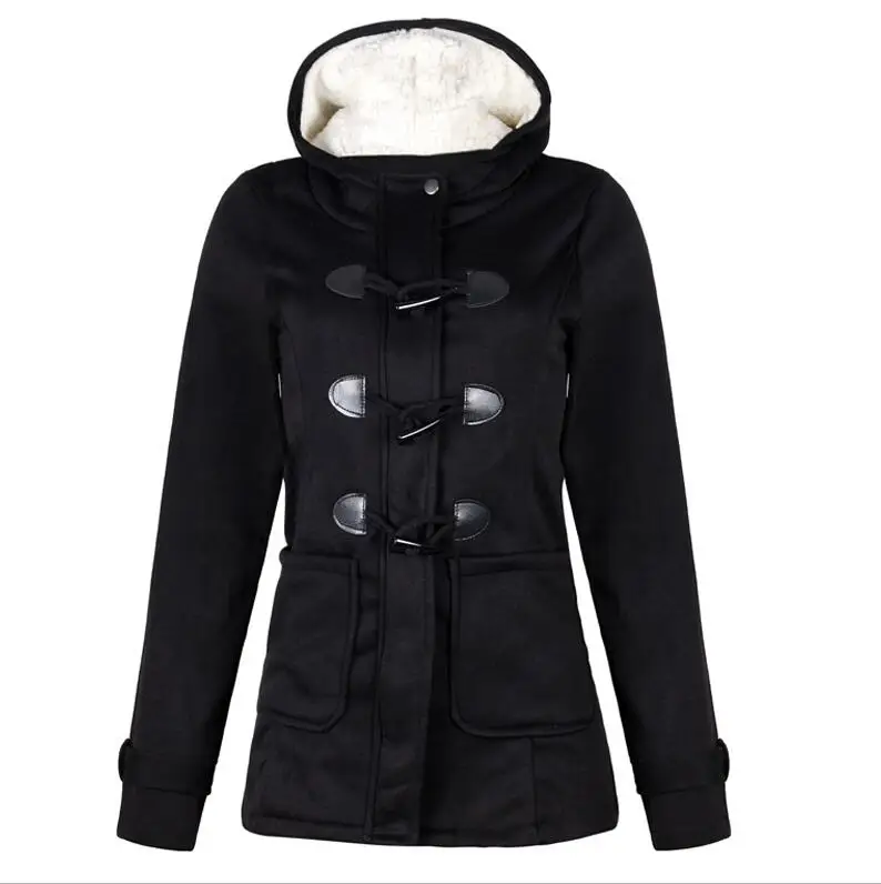 Women Trench Coat Women Wool Blend Overcoat Female Slim Long Hooded Coat Zipper Horn Button Outwear Plus Size - Цвет: black