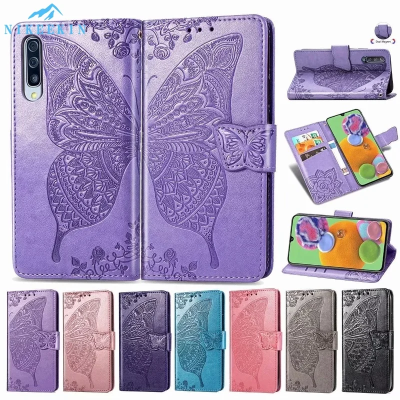 Кожаный чехол книжка с бабочкой для Samsung Galaxy S20 S10E S9 S8 Plus S7 Edge A6 A8 J4 J6 Note 10 9 8 J8 A7