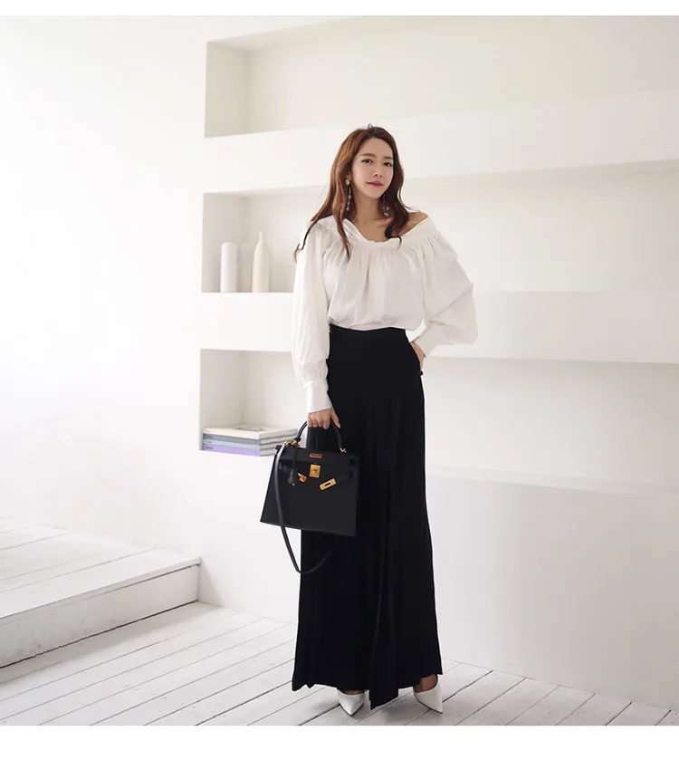 Новые женские комплекты из 2 предметов 2019 осенний корейский стиль элегантный Slash шеи белые блузки и однотонные черные широкие длинные брюки