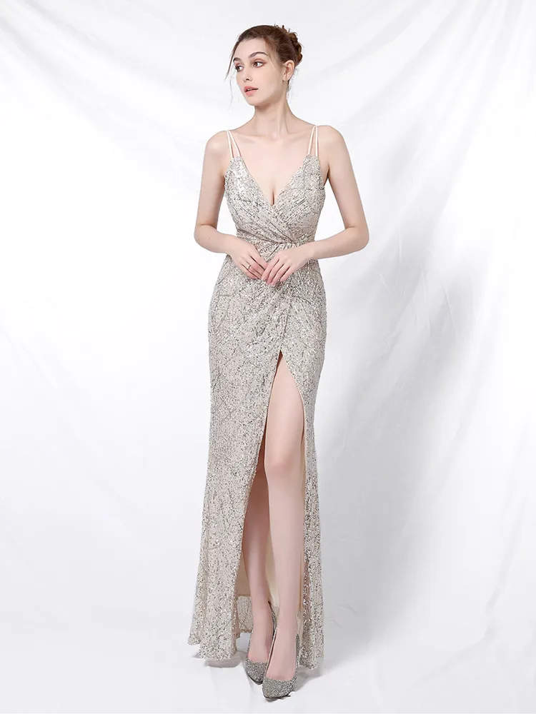 Gold Sequins Spaghetti Strap Deep V Neck Backless Open Slit Luxury Party Dresses For Women 2020 Fashion Elegant Night Club Dress (3)