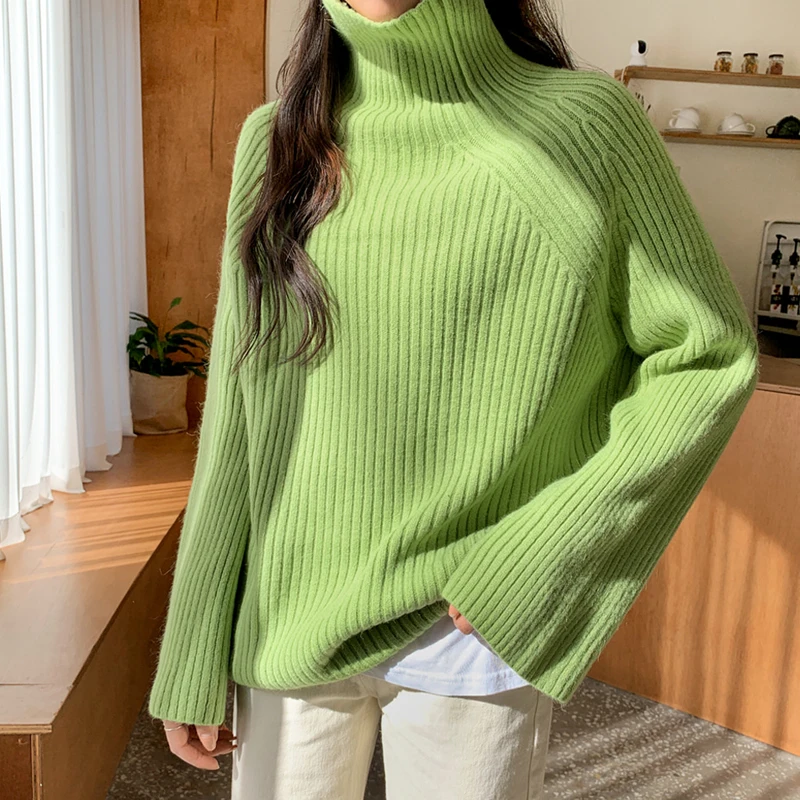 BGTEEVER, свободный свитер с воротником-хомутом в Вертикальную Полоску для женщин, вязаные Джемперы,, зимние толстые женские вязаные пуловеры - Цвет: green