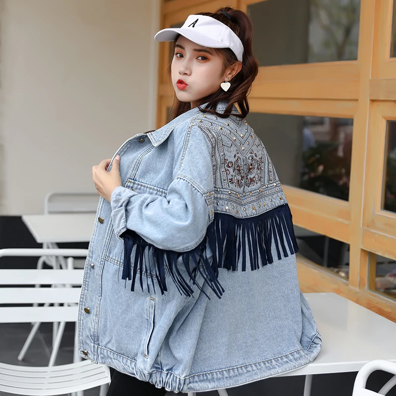 Джинсовая куртка женская 2019 Осенняя новая вышитая с заклепками бахромой