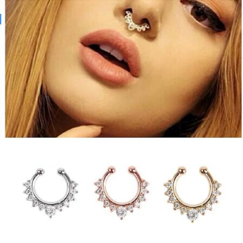 

SHUANGR Crystal FashionClicker Fake Septum for Women Body Clip Hoop Vintage Fake Nose Ring Faux Piercing Body Jewelry Wholesale