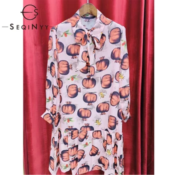 

SEQINYY Pink Silk Dress 2020 Summer Spring New Fashion Design Women 3/4 Sleeve Fruits Print High Quality Mini Dress