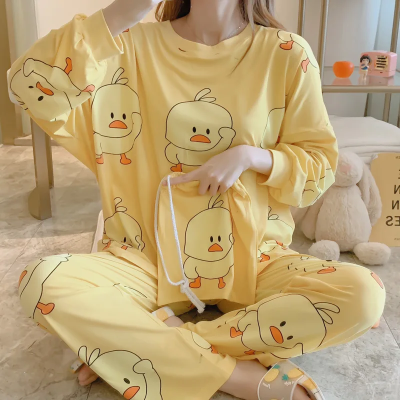 

Pajamas Women's Spring And Autumn Long Sleeve Cute Small Yellow Duck Two-Piece Set Korean-style Fresh Students Thin Outer Wear T