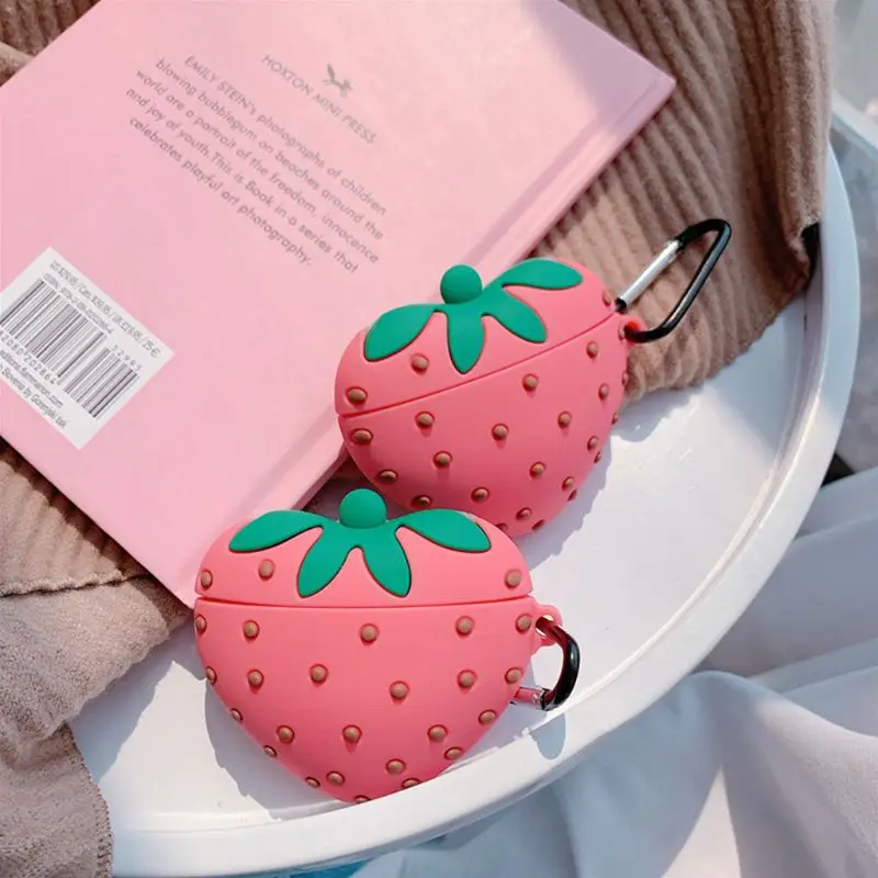 

Silicone Protective Case Pink Strawberry Cover with Carabiner for Airpods 1/2