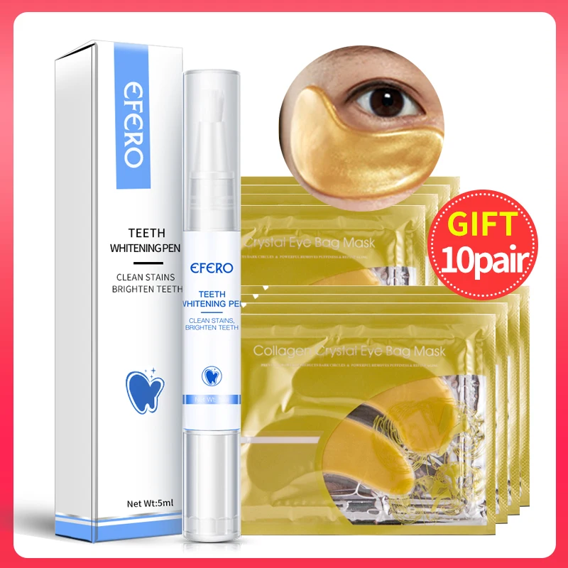 1Set Bleaching Teeth Whitening Pen 5Pair Moisturizing Eye Masks Tooth Gel Whitener Remove Stains Teeth Whitening Pen Oral Care