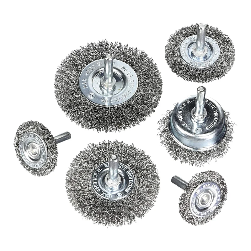 HLZS-6Piece Wire Wheel Cup Brush Set 0.0118In Coarse Crimped Steel 1/4In Round Shank for Drill