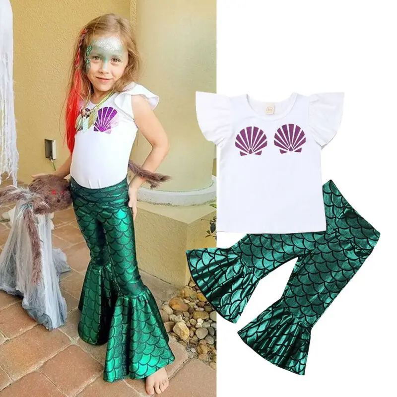 Детская одежда для маленьких девочек с русалочкой топы с оборками и рукавами, футболка+ брюки с рисунком чешуи, комплект из 2 предметов, От 1 до 6 лет