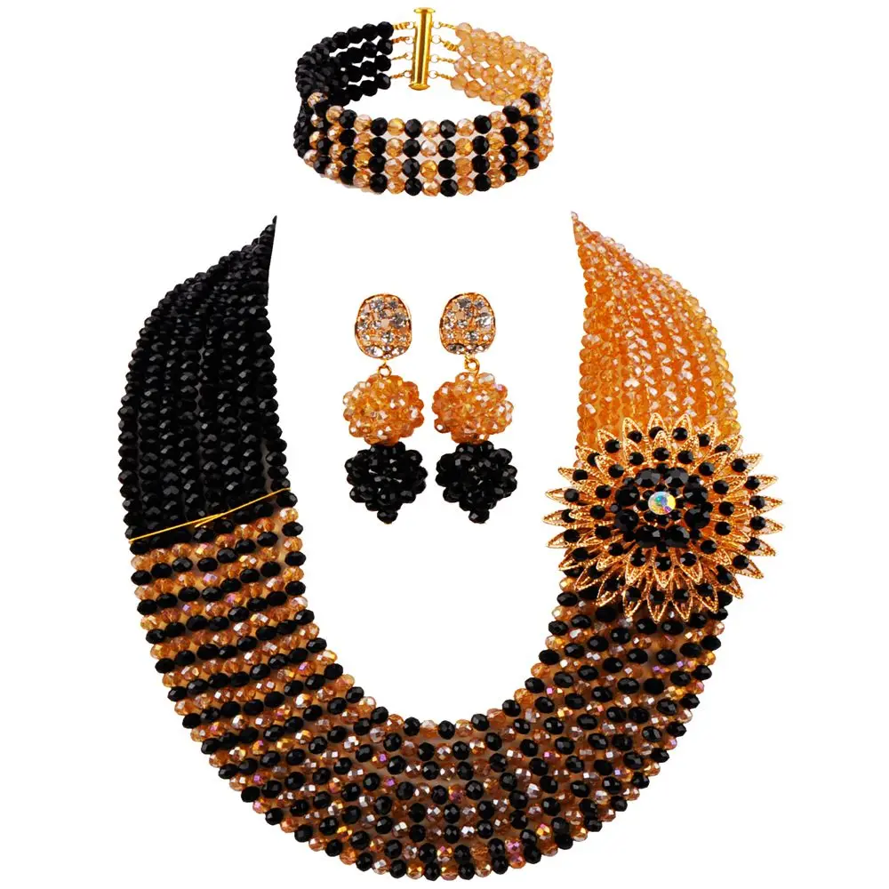 

Romantic Nigeria Traditional Wedding Black and Gold ab Crystal African Bead Wedding Jewelry Set Free Shipping SJ-08