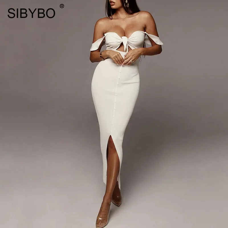 SIBYBO, сексуальное длинное платье с вырезом и бантом, на тонких бретелях, с v-образным вырезом, в рубчик, осеннее платье, женские вечерние платья на пуговицах с открытой спиной