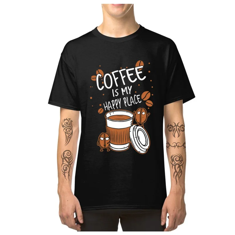 Geek Coffee_is_my_happy_place_drink_t-shirts_2511 T-Shirt for Men Family Summer Fall O Neck 100% Cotton T-Shirt Tops T Shirt Coffee_is_my_happy_place_drink_t-shirts_2511 black