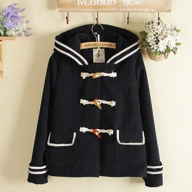Japanese-style Mori Girl Line Autumn Navy Suit Loose-Fit College Style Hooded Woolen Coat Toggle Women Coat