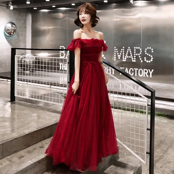 

Elegant Solid Burgundy Lady Evening Party Gown Qipao Sexy Off Shoulde Off Shoulde Full Length Mesh Ball Gown Prom Dress