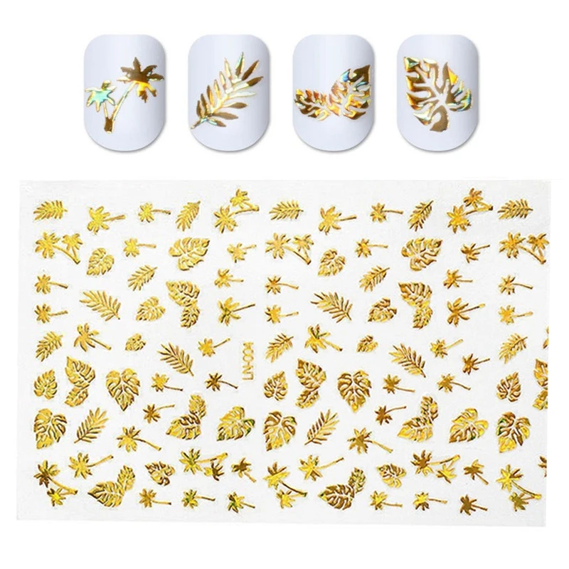 1 Sheet Holographic Gold Silver 3D Nail Stickers Coconut Tree Leaf Flower Laser Adhesive Decal Sticker Manicure Nail Art Decals