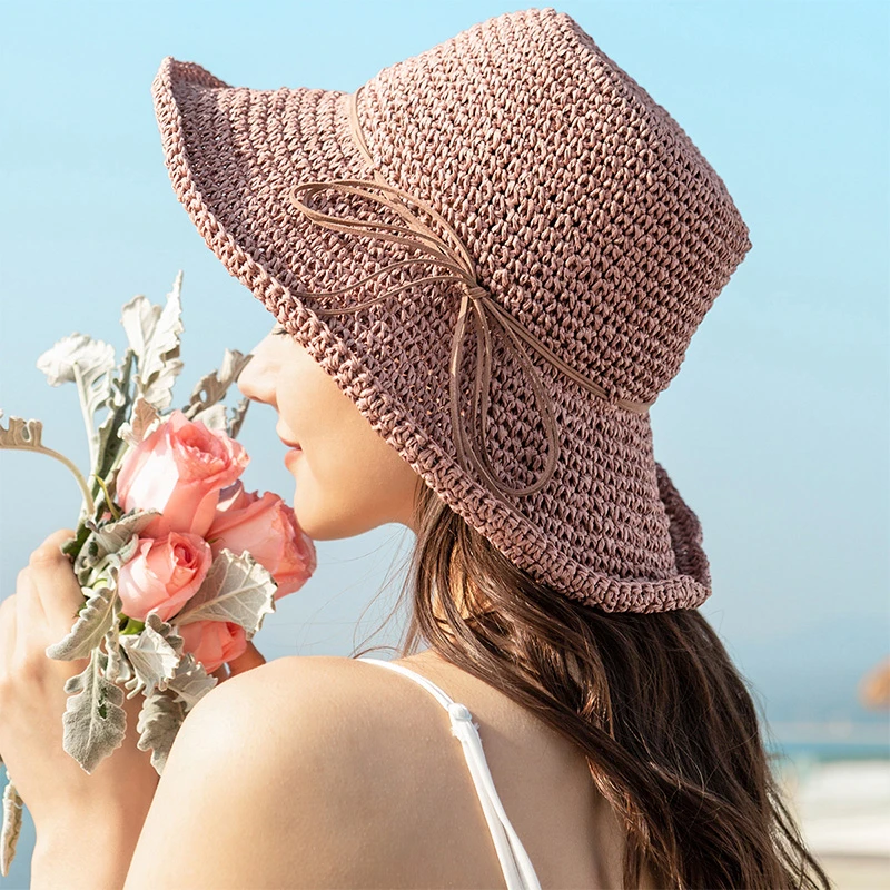 Ladies Sun Hat Bowknot Raffia Straw Hat Foldable Summer Wide Brim Beach foldable sunhat sun hats straw hats sun protection hat