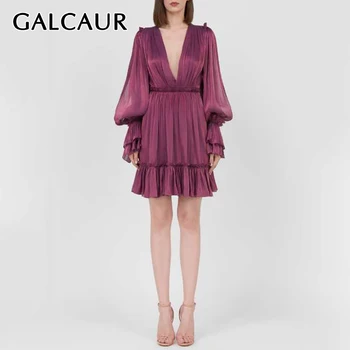 

GALCAUR Sexy Dress For Women V Neck Puff Sleeve High Waist Ruched Elegant Mini Dresses Female 2020 Summer Fashion New Clothing