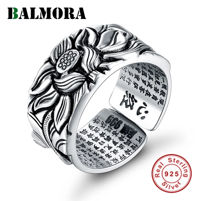 BALMORA Настоящее 999 Чистое серебро Ретро цветок лотоса открытый укладки палец кольцо для мужчин женщин буддизм Сутра модные ювелирные изделия