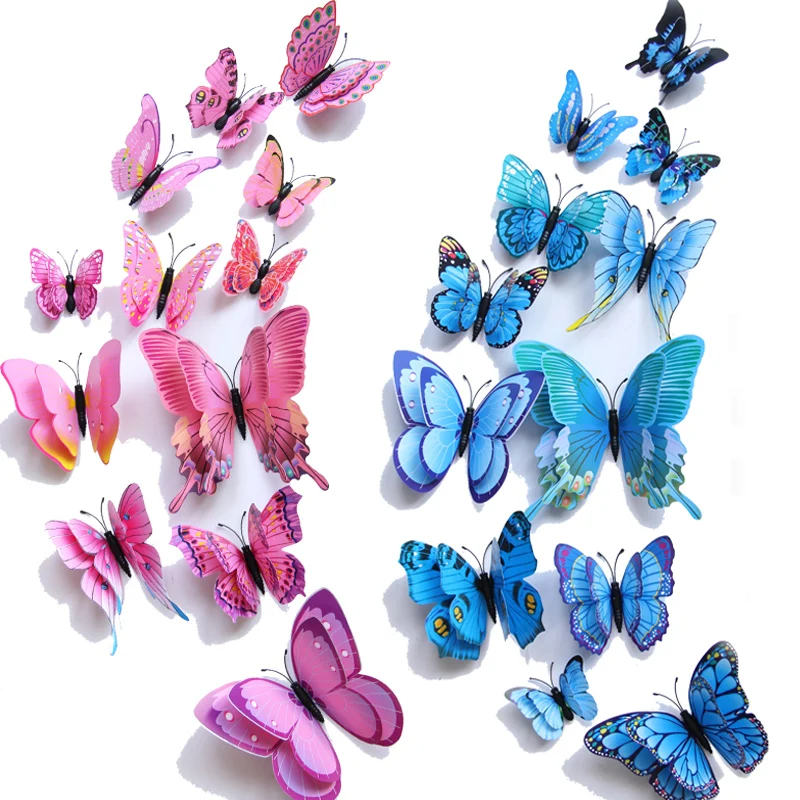 12PCS 3D Double-layer Simulation Butterfly Wall Sticker Refrigerator Magnet Wall Sticker Kids Baby Rooms Kitchen Home Decor