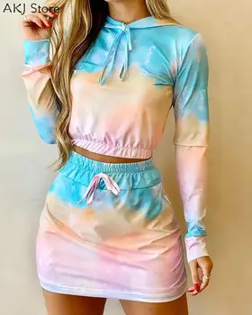 

Women Tie Dye Hooded Crop Hoodies Skirt Set