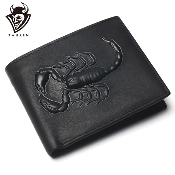 

Men Short Wallet Scorpion Carving Pattern Pure Black Color Cheap 100% Genuine Leather Wallet For Man Coin Purse Card Holder
