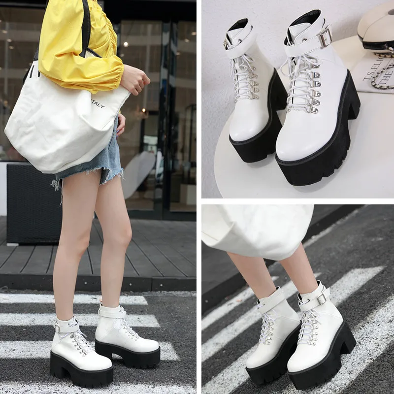 

Bootee Woman 2019 Round Toe Autumn Boots Martins For Women Chunky Heel Lace Up Booties Ladies Women's Low Shoes Lolita Rock