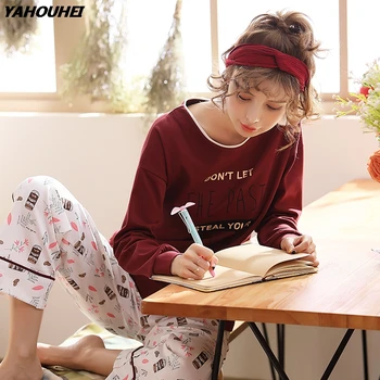 

100% Cotton Pajamas Sets For Women Autumn Winter Long Sleeve O-neck Pyjama Soft Comfortable Pijama Homewear Lounge Home Clothing
