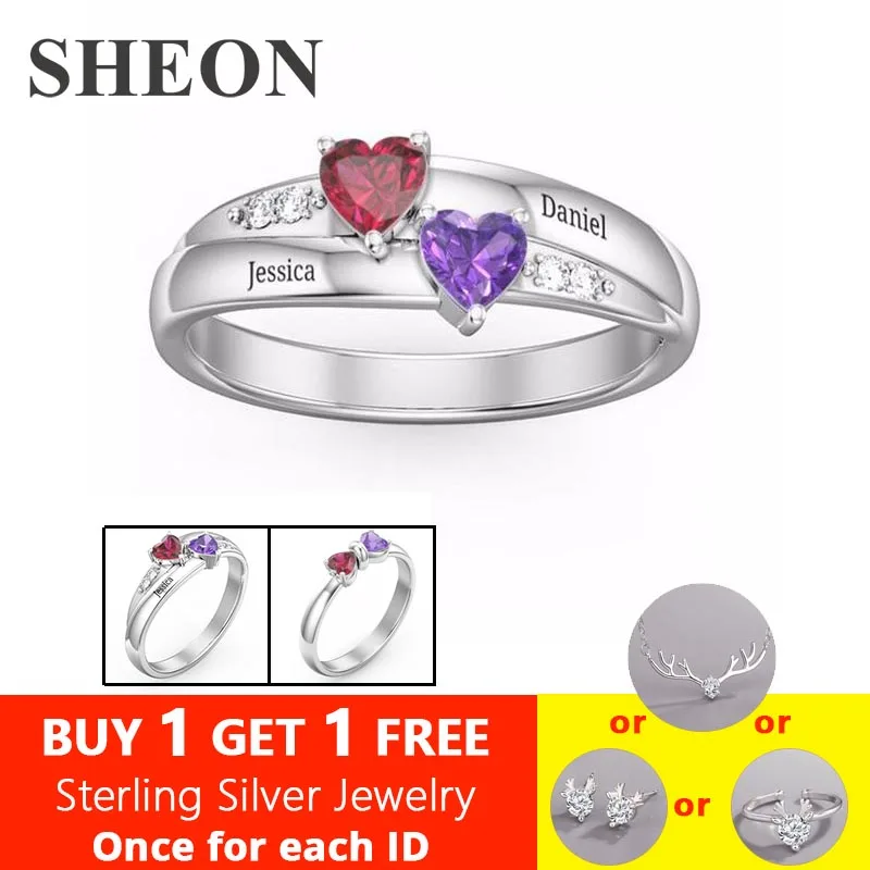 

SHEON Genuine 925 Sterling Silver Ring Engraved Double Love Heart Birthstone Finger Ring Sterling Silver Jewelry For Lover Gift