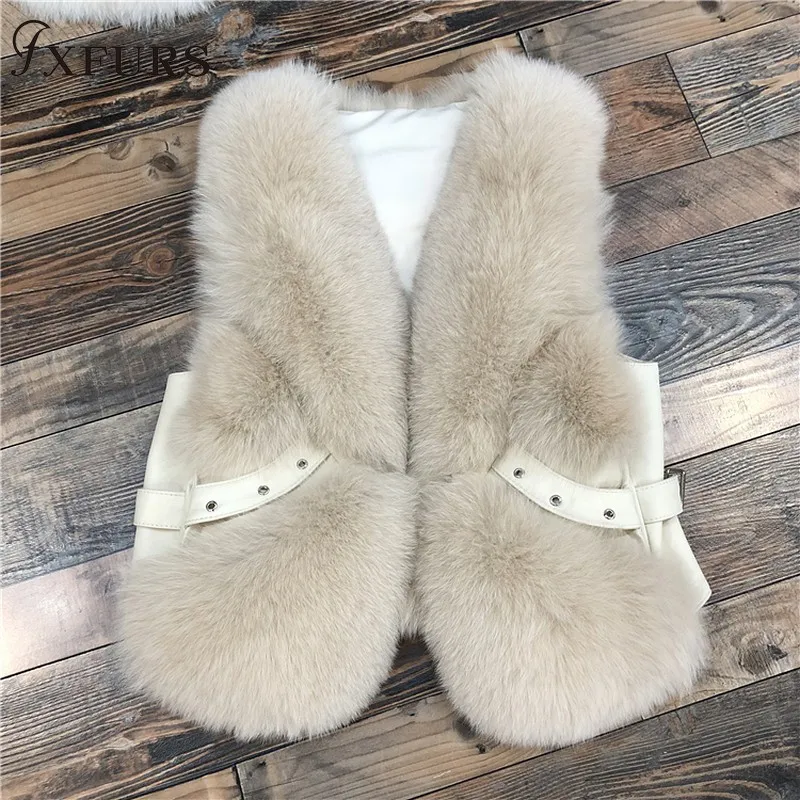FXFURS жилет из натурального Лисьего меха женские модные меховые жилеты с заклепками без рукавов куртки короткое меховое голье кожаный зимний мех - Цвет: milk tea