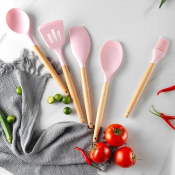 

Cooking Tools Set Cute Wooden Handle Pink Silicone Kitchenware Shovel Spoon Utensils Non-stick Kitchen Spatula Eggbea