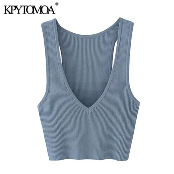 

KPYTOMOA Women 2020 Sexy Fashion Deep V Neck Cropped Knitted Vest Sweater Vintage Stretchy Slim Female Waistcoat Chic Tops
