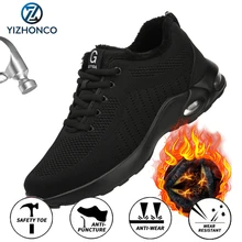 Chaussures de sécurité en velours pour hommes, baskets de travail en peluche avec embout en acier, décontractées, indestructibles, pour l'hiver