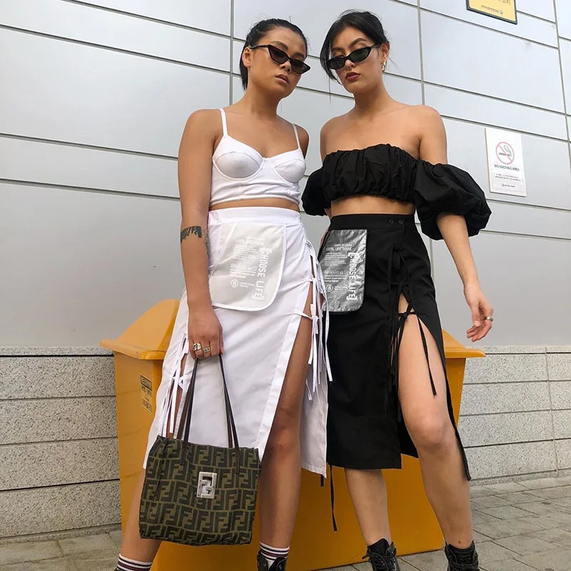 Bkld осень уличный стиль с бантом, на шнуровке, высокий с разрезом, миди-юбка круто с карманом для девочек пэчворк с высокой талией сексуальные открытые Клубная одежда